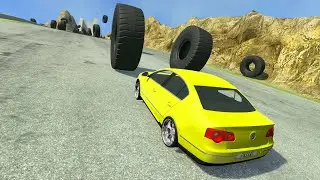Giant Tires against Cars Freaky Jumps - BeamNG.Drive