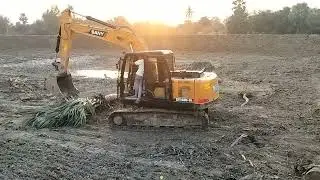 Sany SY140c-9  machine cleaning the pond's tree stumps