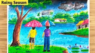 Rainy Season Scenery Drawing // Rainy Day Drawing // Monsoon Season Drawing 