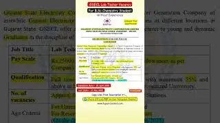 GSECL Lab Tester Vacancy 2025 For B.Sc. Chemistry Students Without Experience