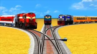 3 Indian Diesel Trains Crazy Crossing On Three Forked Untidy Railroad Track-3D Train=Indian Railways
