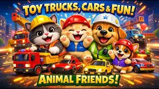 Toy Trucks, Cars & Funny Animal Friends! 🏗️🚒