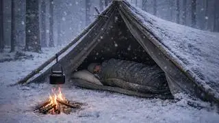 Solo Bushcraft Winter Camping in Snowy Pine Forest | Lavvu Tent, Reflector Wall, Open Fire Cooking