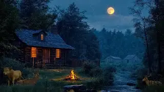 🌳🔥Moonlit Forest Cabin in 4K | Gentle River Sounds, Fire Crackling & Forest Night Ambience🌕🦌