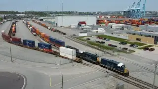 Awesome Aerial 4K Video! Local NBSR Train Pulling Containers from DP World Terminal - Saint John, NB