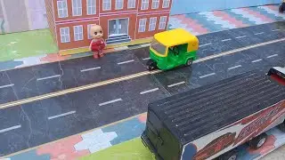 toy auto rickshaw accident rescued by ambulance | fire truck | mini crane | toy truck | kids