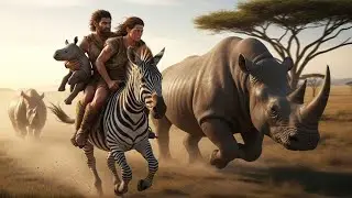 Life 4.5 Million Years Ago - Prehistoric Chase: Early Humans Ride Ostrich to Escape an Angry Rhino..