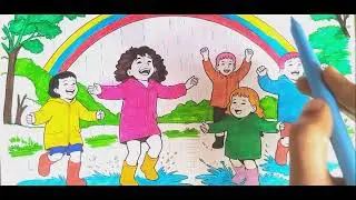 🎨 Kids in Rain with Rainbow | Colourful Kids Painting | Easy Drawing for Children 🚂🌈