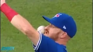 Blue Jays right fielder, Derek Fisher catches a pop up with his face, a breakdown