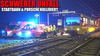 [STADTBAHN & PORSCHE KOLLIDIERTEN!] - PKW-Fahrerin eingeschlossen ~ Schwerer Unfall in Fellbach -