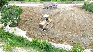 Land Filling Up Moving Rolling Dirt Mud With Bulldozer | A Heavy Dozer Moves Land Into Water