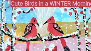live  Cute Birds in a WINTER Morning Beautiful Scenery Painting/How to draw a Beautiful scenery Art/