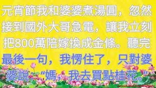 元宵節我和婆婆煮湯圓，忽然接到國外大哥急電，讓我立刻把800萬陪嫁換成金條。聽完最後一句，我愣住了，只對婆婆說：“媽，我去買點桂花。”