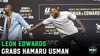 Leon Edwards grabs Kamaru Usman&rsquo;s arm at UFC 278 face offs