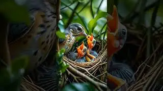A mother bird feeds her chicks in a cozy nest, showcasing nurturing.#birds #eagleowl #wildlife #bts
