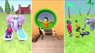 Cartoon animals elephant, cow, monkey. Together with his friends Scary Teacher and Squid Game Dol