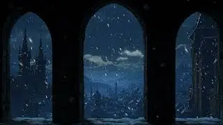 (No Ads) Cozy Snowstorm Over a Medieval Village Winter Night | Window View