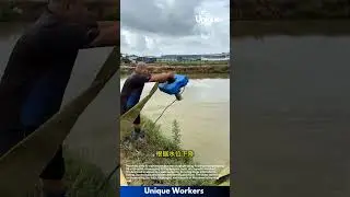 Floating water pump: people filling a fish pond