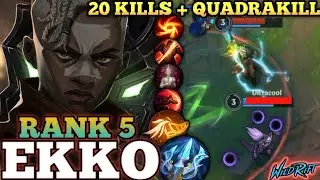EKKO CRAZY 20 KILLS + QUADRA! AGGRESSIVE MID MVP PLAY - TOP 5 GLOBAL EKKO BY Vaynelechibo- WILD RIFT