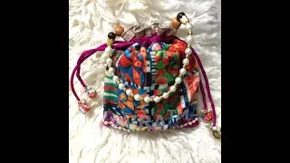 Kavra&trade; Handmade Velvet Printed Gota Patti and Beaded Pearls Potli Bag