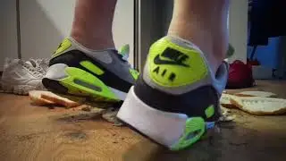 Nike Air Max 90, 95 and Fila Disruptor food stomp, trample loaf of bread on dirty floor