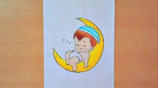 How to draw cute baby sleeping on moon || Cute baby drawing easy step by step