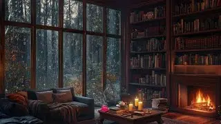 Winter Study Ambience Cozy Bookshelf Room with Fireplace & Snow Rain   Reading Music #rain