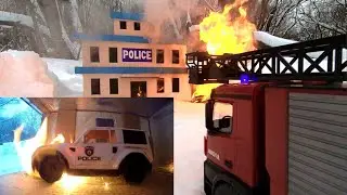 Electric car caught fire. Fire at the Cardboard City police Station