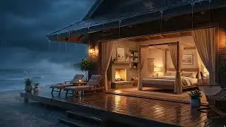 12 HOURS 🎧 Cozy Beach Cabin Rain Sounds & Soothing Waves for Deep Sleep, Study, Relax 4K