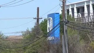 Large Ukrainian flag flying at Austin car dealership