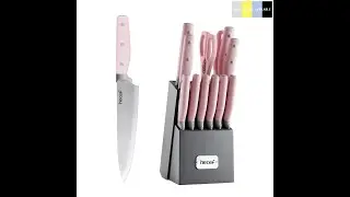 hecef Kitchen Knife Block Set, 14 Pieces Knife Set with Wooden Block & Sharpener #fyp
