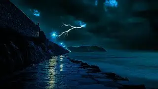 Midnight Lightning by the Seaside Walkway | Thunderstorm & Ocean Ambience for Deep Sleep and Relax