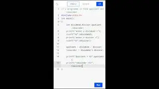 #7 🔥C program to find Quotient and Remainder| in 📲 Mobile| #trending #coding #viral  #shorts