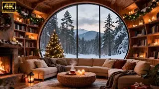 Winter Jazz for Deep Focus ❄️ Cozy Lakeside Library Ambience, Snowfall & Fireplace Warmth, No Ads