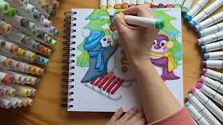 Cute penguins making a snowman, winter picture art drawing and painting