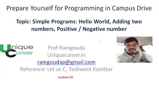 Programming in C for Beginners: Hello World, Adding 2 numbers, check whether given number is +ve/-ve