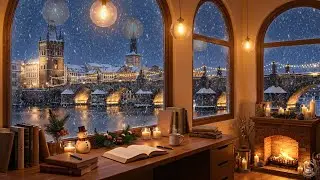 Beautiful Winter Jazz Music ❄️ Cozy Caf&eacute; Atmosphere &Old Town Bridge View at Night