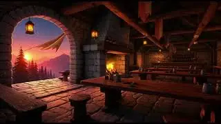 Medieval Tavern Fireplace 🔥 Warm Tavern at Sunset Ambience | No Music | Candle & Stone
