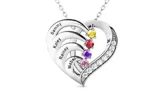 Personalized Heart Necklace with 4 Birthstone - Engraved 4 Name Necklace - Personalized Gift for Her