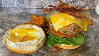 How To Make Super Juicy Fully Loaded Bomb AF Turkey Burgers & Sweet Potato Waffle Fries in Air Fryer