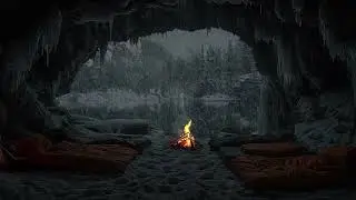 Winter Cave Ambience 😴 Snowstorm, Howling Wind and Fireplace Sounds for Sleeping & Relaxation❄❄