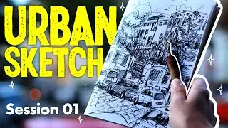 URBAN SKETCHING with Sketching Sounds [Real-time sketch process & Traffic Sounds | ASMR]