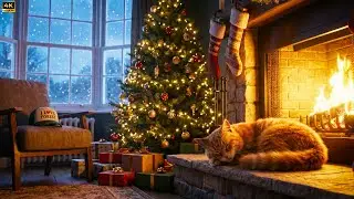 🔴Cozy Christmas Fireplace with Sleeping Cat 🐱🔥 1 Hour Purring & Crackling Fire for Relaxation
