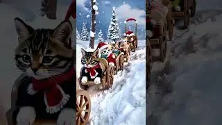 Tiny sleighs, stuffed reindeer, and kittens in Santa hatTiny sleighs, stuffed reindeer, and kittens