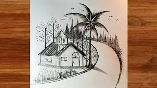 How to draw a house with perspective road view scenery || Beautiful scenery drawing