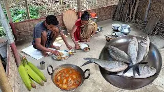 Small Fish Curry With Raw Banana Cooking By Village Mother and Son For Lunch