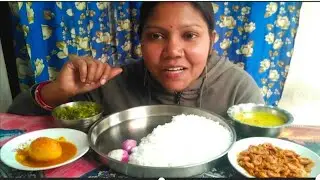 Eating - rice,sag chochodi,dal,egg curry,chingdi jhal,🤤