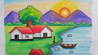 Simple village scenery drawing for beginr 😍how to draw scenery /art #scenery #drawing @EasyDrawing24