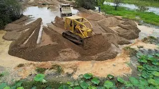Extremely Sand Filling Up Process Old CAT Bulldozer & 5ton Dump Truck Moving Unloading Sand