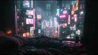 [4K] Cyberpunk Bedroom Rain Ambience 🌧️ Deep Sleep Music (No Thunder) | 睡眠用BGM・雨音